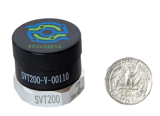 Wireless vibration sensor SVT200-V M6 case Wireless vibration sensor SVT200-V compared to US quarter