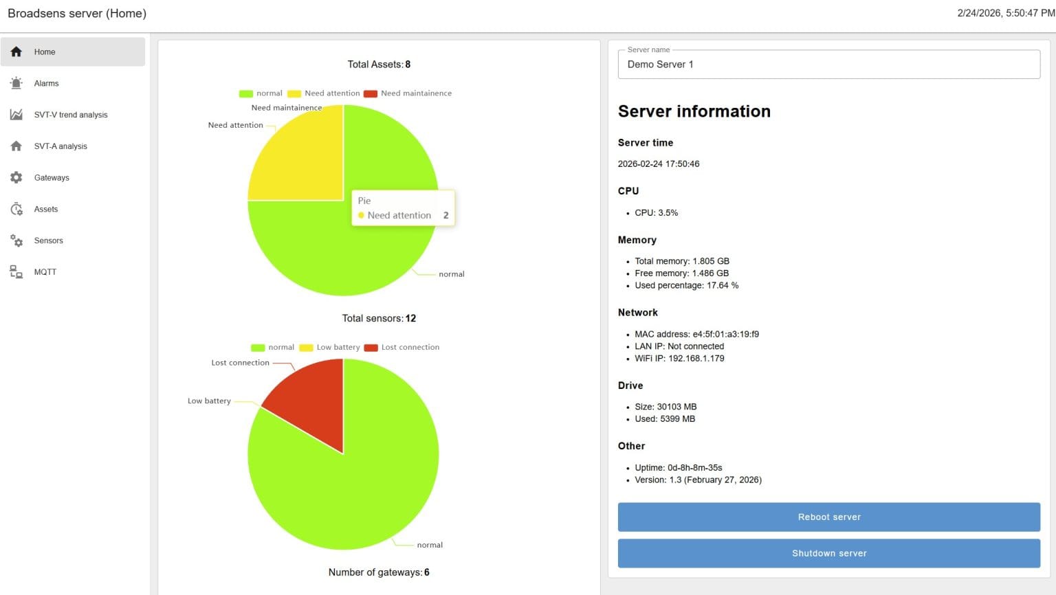 BroadView Server software for machine condition monitoring